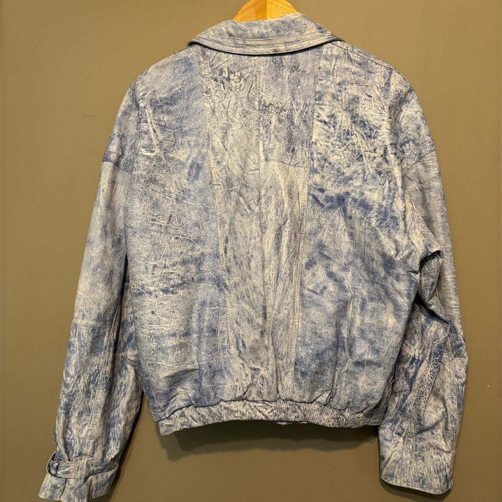 GENUINE LEATHER Vintage 80’s Acid Wash Denim Blue Moto Bomber Jacket Mexico Made - Picture 4 of 12